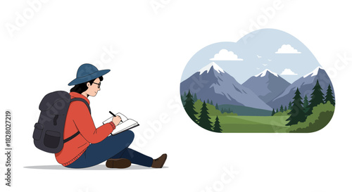 Woman sketching mountain view with backpack