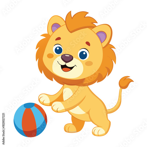 cute lion cub playing with ball cartoon illustration