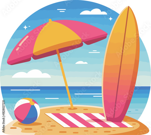 Sunny beach scene with surfboard umbrella and beach ball illustration