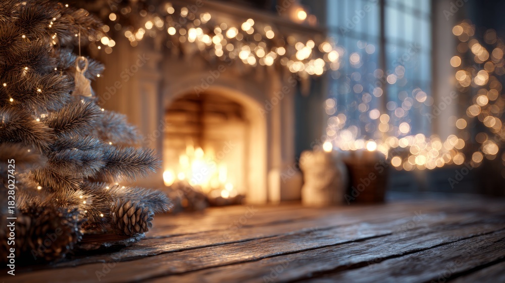 Naklejka premium Cozy Christmas fireplace with warm glowing lights and festive winter holiday atmosphere