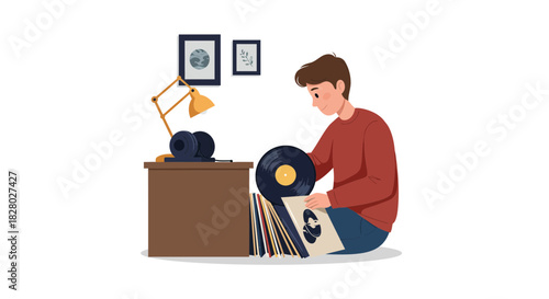 Man with Vinyl Record Albums by Table Lamp and Headphones