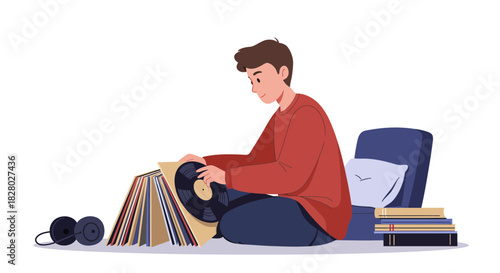 Person listens to record at home