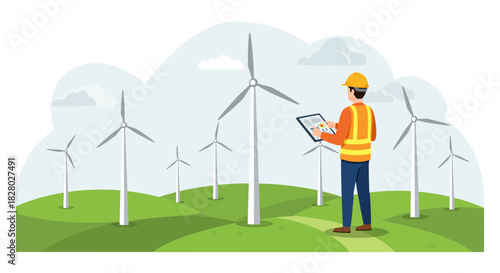 Wind Turbine Inspector Engineer Checks Data