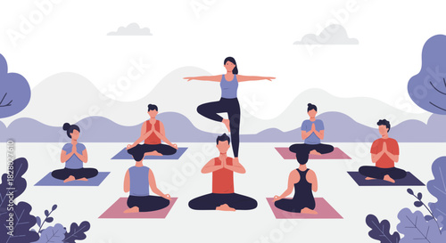 Yoga class in nature with instructor and students