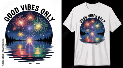 Dynamic cosmic themed t-shirt design featuring radiant burst of colors with “Good Vibes Only” typography, vibrant vector artwork crafted for energetic fashion, inspirational apparel and futuristic sty