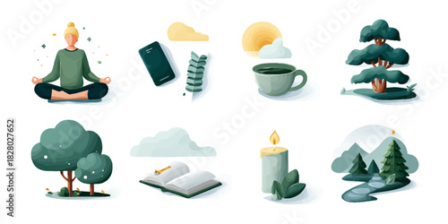 Collection of objects representing mindfulness meditation relaxation and self care activities