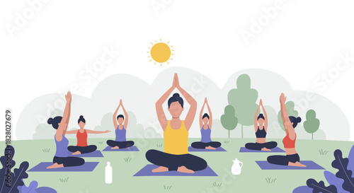 Yoga session in park with group of women
