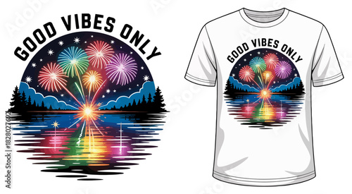 Dynamic cosmic themed t-shirt design featuring radiant burst of colors with “Good Vibes Only” typography, vibrant vector artwork crafted for energetic fashion, inspirational apparel and futuristic sty