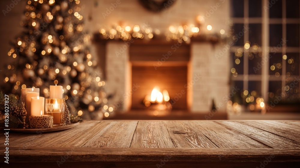 Naklejka premium Warm Christmas ambiance with candles and glowing fireplace
