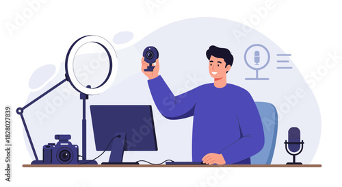 Man with Webcam next to Camera, Ring Light and Microphone