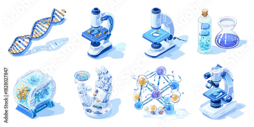 Collection of scientific research and laboratory equipment illustrations in blue and white tones