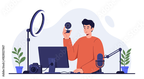 Person with Webcam at Computer Setup for Streaming