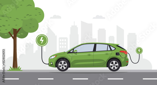 Green Electric Car Charging in Cityscape