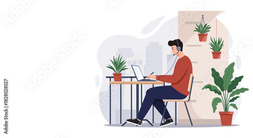 Man Works on Laptop With Headset and Indoor Plants