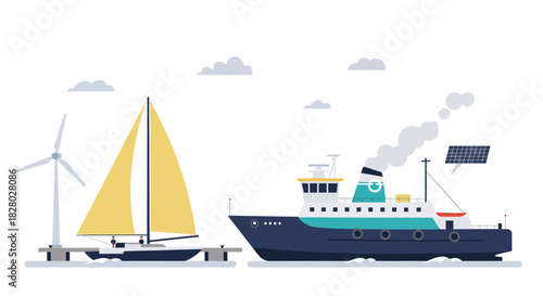 Sailboat and Ship with Wind Turbine Illustration