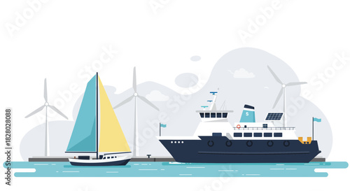 Ferry boat with sailboat near windmills