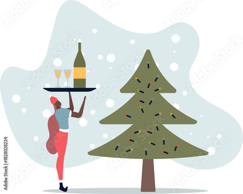 Festive champagne on a waiter's tray. New Year's corporate party concept.