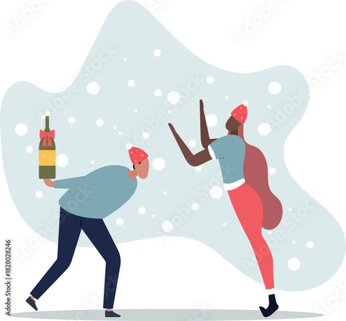 A couple in love celebrates the winter holidays with champagne.