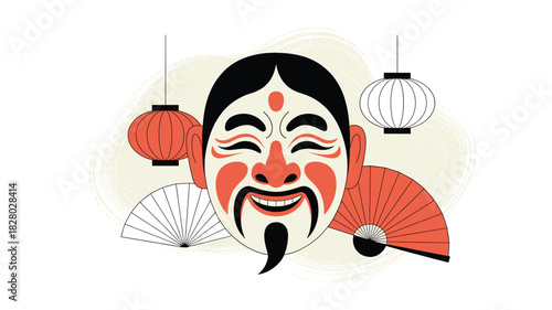 Asian Mask with Lanterns and Fans Illustration - Traditional Chinese or Japanese Culture, Performance Art, Celebration, Festive Background
