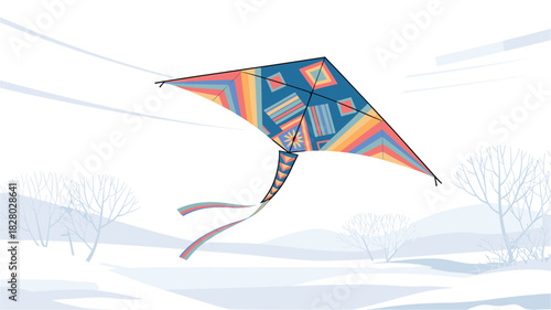 Winter Kite Flying: Colorful Geometric Kite Soaring Above a Snowy Landscape, Featuring Bare Trees and Soft Blue Tones in a Festive Seasonal Illustration
