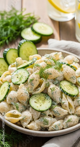 Creamy pasta salad with cucumber and dill a refreshing summer meal on a rustic wooden surface