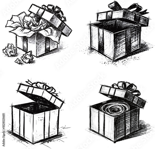 Open Gift Box with Tissue Paper Sketch