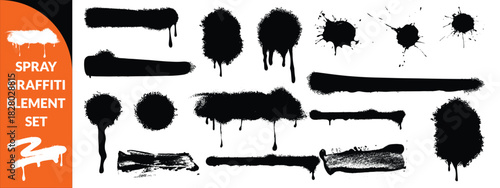 Spray graffiti element set, can splatter brush drip freehand kit, vector urban street black grunge. Cool hand writing stain splash, dirty messy airy ink stroke and circles. Spray graffiti dark  bigset