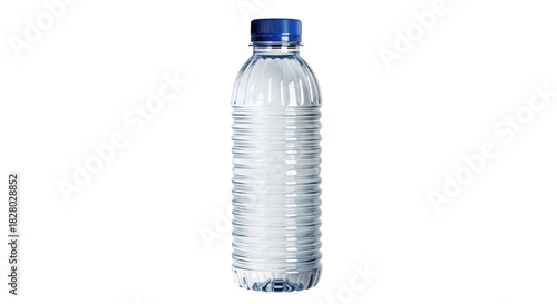 Clear plastic water bottle with blue cap isolated PNG, refreshing drink container for hydration and healthy lifestyle