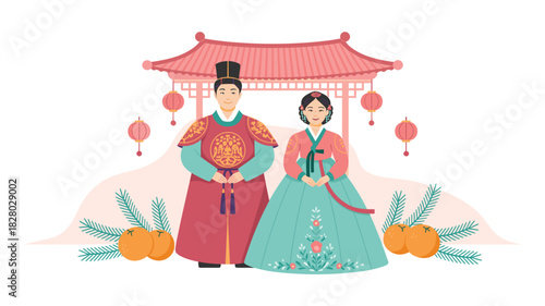 Korean Traditional Clothes Hanbok, Man and Woman Posing in Front of a Pink Pavilion with Decorative Oranges and Lanterns