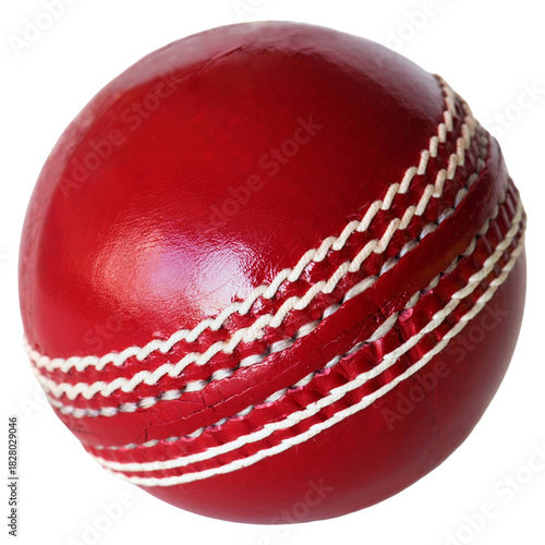 Close up of a red leather cricket ball with white stitching on a white background