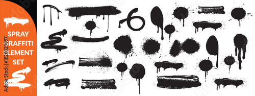 Spray graffiti element set, can splatter brush drip freehand kit, vector urban street black grunge. Cool hand writing stain splash, dirty messy airy ink stroke and circles. Spray graffiti dark  bigset