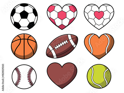 Collection of sports balls and heart shapes symbolizing love for athletics