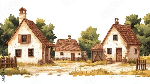 Charming rustic houses surrounded by greenery, showcasing traditional architecture in a tranquil setting.