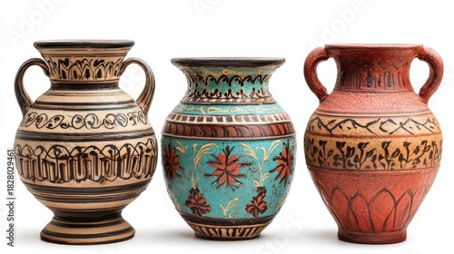 Three intricately designed ceramic vases showcasing traditional craftsmanship and vibrant colors.