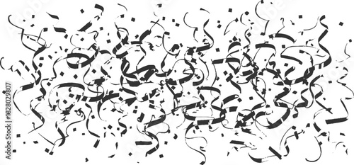 Black confetti and streamers falling against a white background celebration party