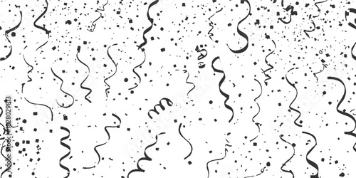 Black and white confetti and streamers falling on a white background party celebration