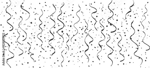 Black and white confetti and streamers pattern on white background abstract celebration