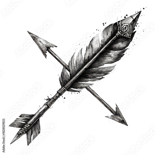 Black ink arrow illustration with feather, shaft, and arrowhead drawn with artistic brushstrokes