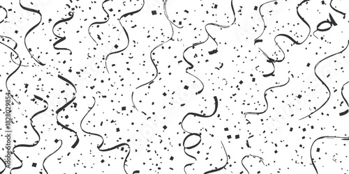 Black streamers and confetti scattered on white background celebration party