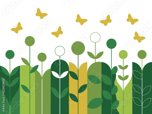 Whimsical garden scene with blooming plants and fluttering butterflies