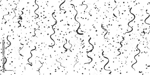 Black and white confetti and streamers falling on a white background party celebration 2
