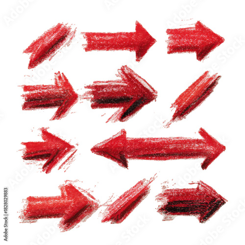Four stacked directional red arrows point right and left in alternating directions with rough textured brush stroke style on white background