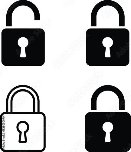 Digital security lock and unlock icon collection on white background