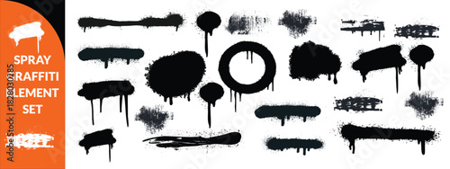 Spray graffiti element set, can splatter brush drip freehand kit, vector urban street black grunge. Cool hand writing stain splash, dirty messy airy ink stroke and circles. Spray graffiti dark  bigset