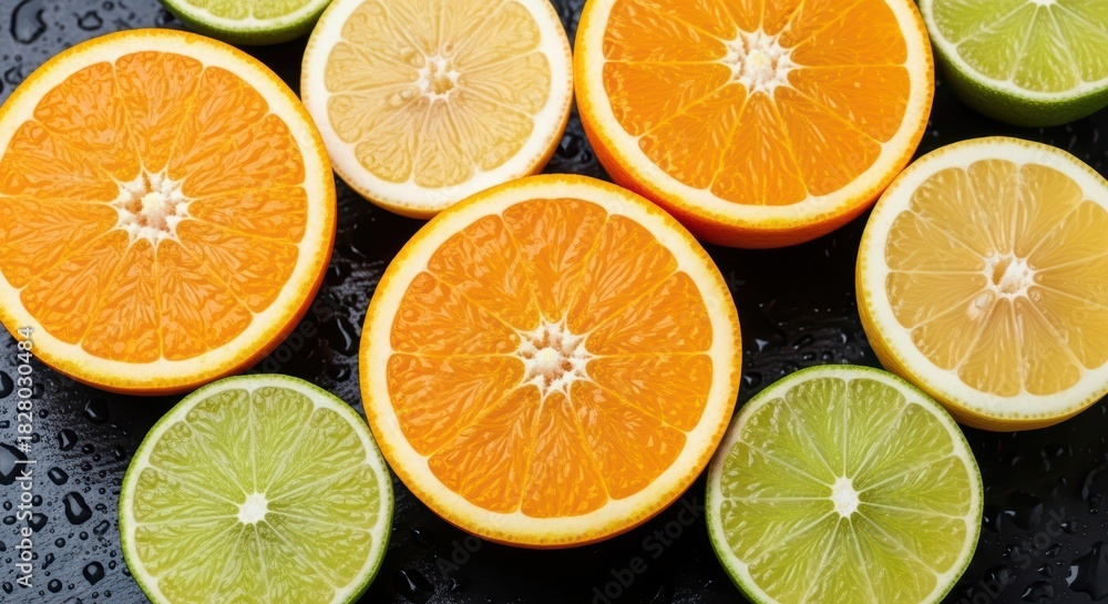 Fototapeta premium Assorted citrus slices on black surface with water droplets