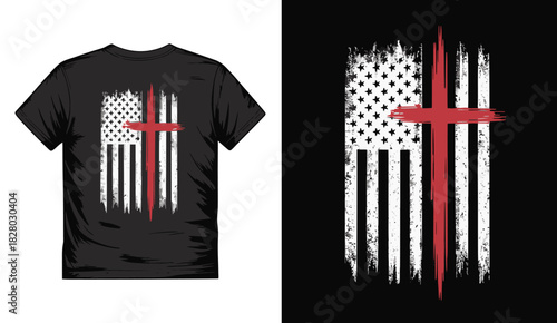 Cross American flag themed t-shirt design featuring patriotic symbol artwork, perfect for inspirational quotes, poster graphics, SVG printable files and crafting cut projects for apparel decoration.