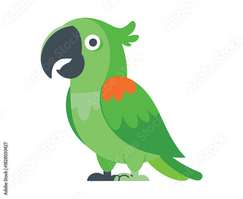 A bright green parrot with an orange patch on its wing stands against a white background.