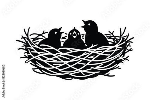 Three chick sitting in nest silhouette farm animal artwork vector illustration