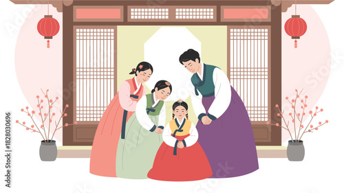 Korean Family in Hanbok Celebrating Seollal New Year, Traditional Dress, Cultural Heritage, Holiday Greetings, Family Togetherness, Festive Atmosphere, Generational Celebration, Elegant