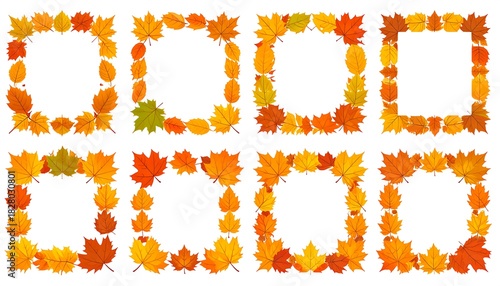 Eight square frames made of fall leaves in shades of yellow, orange, brown, and green on a white background